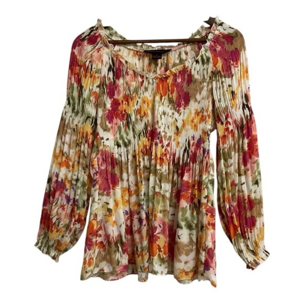 Hayley Matthews Floral Smocked Balloon Sleeve Top Women's Size L